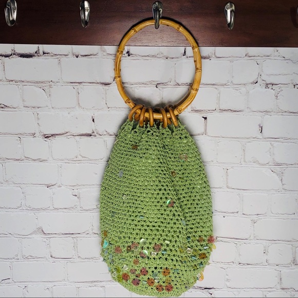 Cappelli Purse Green Crocheted Bag Boho Chic Round Rattan Handle - Picture 2 of 8